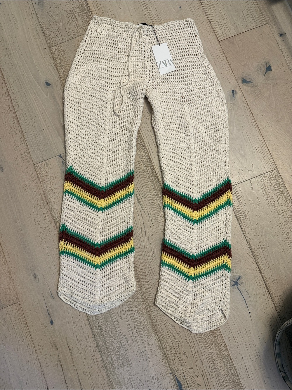 Zara Cream Crochet Flared Pants with Green & Yellow Stripe. Size Small. NWT